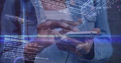 Image of data processing over woman using smartphone Foto stock