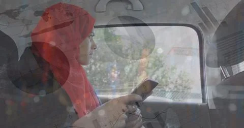 Image of data processing over woman using smartphone Stock Photos