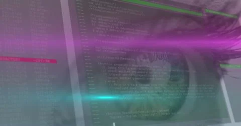 Image of data processing over woman's eye in background 스톡 사진