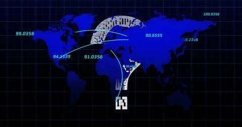 Image of data processing over world map and question mark on black background Stock Illustration