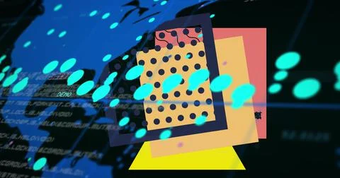 Image of data processing over world map and colorful shapes on black background Stock Illustration