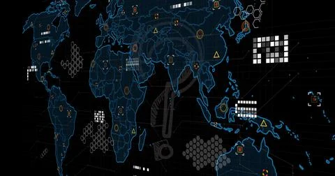 Image of data processing over world map and question mark on black background Stock Illustration