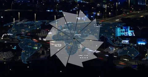 Image of data processing over world map and city Stock Illustration