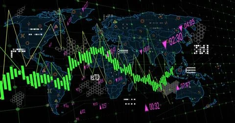 Image of data processing over world map against black background Illustrazione stock