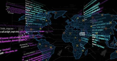 Image of data processing over world map on black background 스톡 일러스트