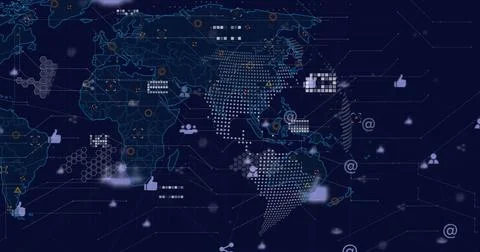 Image of data processing over world map and dark background 스톡 일러스트