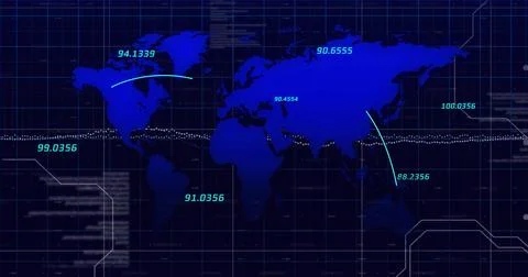 Image of data processing over world map on black background 스톡 일러스트