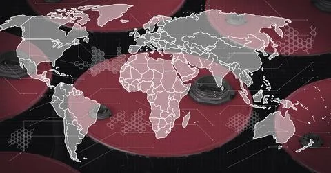 Image of data processing over world map and oil barrels Ilustração Stock