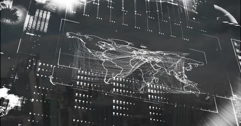 Image of data processing over world map on black background 스톡 일러스트