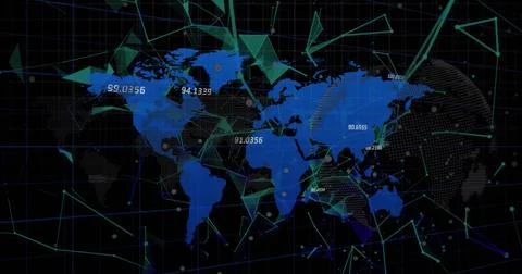Image of data processing over world map on black background Illustrazione stock