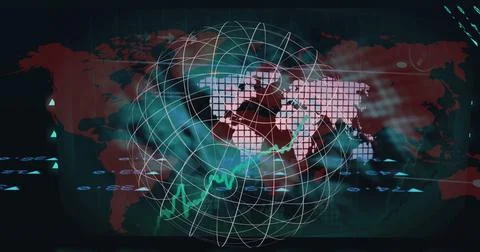 Image of data processing over world map and globe Illustrazione stock