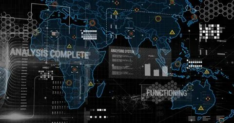 Image of data processing over world map on dark background イラスト素材