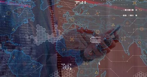 Image of data processing over world map against mid section of man using Foto stock