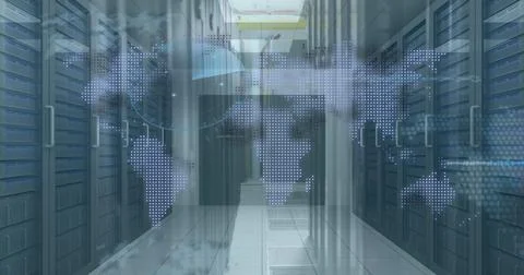 Image of data processing over world map against empty computer server room Stock Photos
