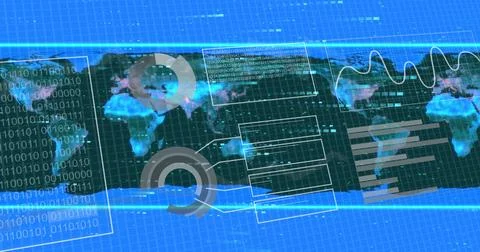 Image of data processing over world map on blue background Stock Photos