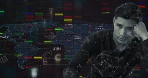 Image of data processing over world map and worried biracial man Stock Photos