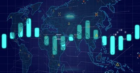 Image of data processing over world map on black background Stock Photos