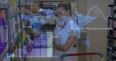Image of data processing over world map against thoughtful caucasian woman at Stockfoto's