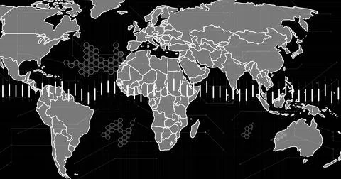 Image of data processing over world map against black background Foto stock