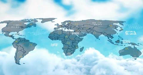 Image of data processing over world map against clouds in the blue sky Fotos de archivo