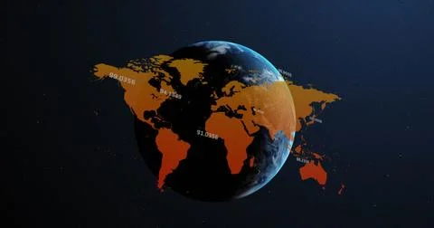 Image of data processing over world map against spinning globe in space Foto stock