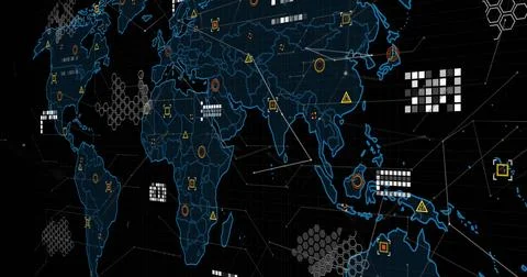 Image of data processing over world map against black background Stockfoto's