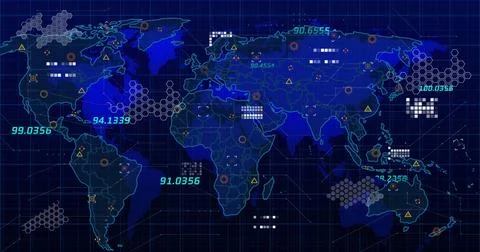 Image of data processing over world map on black background Foto stock