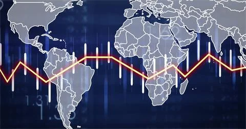 Image of data processing over world map on black background Stockfoto's