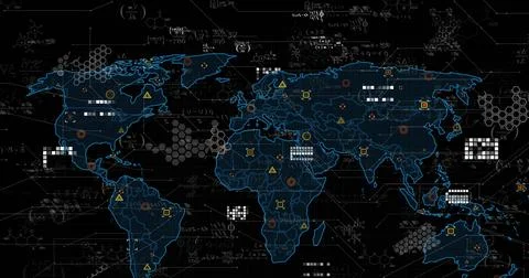 Image of data processing over world map on black background Stockfoto's