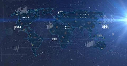 Image of data processing over world map on dark background Foto stock