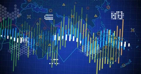 Image of data processing over world map on blue background Stock Photos