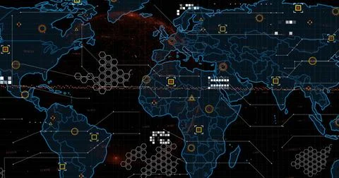 Image of data processing over world map on dark background Stock Photos