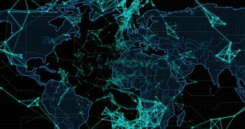 Image of data processing over world map on dark background Stock Photos