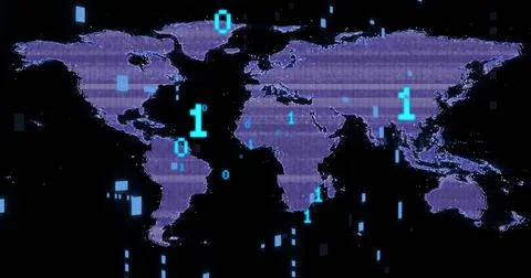 Image of data processing over world map on black background 스톡 사진