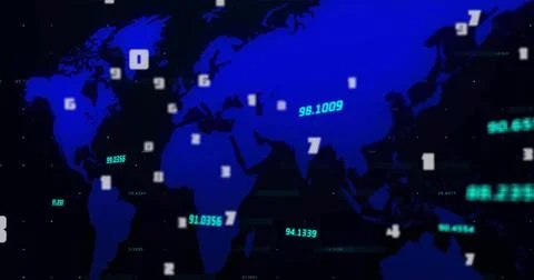 Image of data processing over world map on black background Stock Photos