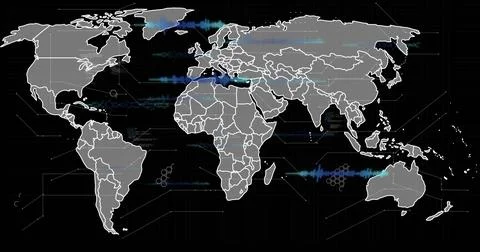 Image of data processing over world map on black background Foto stock