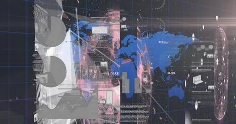 Image of data processing over world map on black background 写真素材