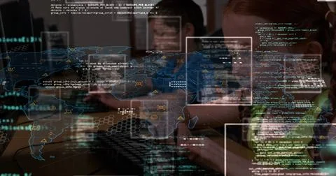 Image of data processing over world map against caucasian girl using computer at 写真素材