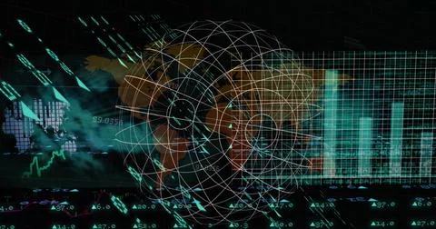 Image of data processing over world map and globe Foto stock