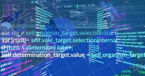 Image of data processing over world map on black background 写真素材