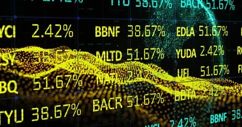 Image of data processing over yellow waving mesh and globe over black background Stock Illustration
