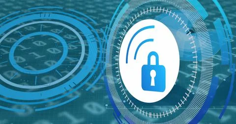 Image of data processing with padlock icon over blue background イラスト素材