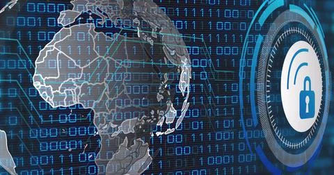 Image of data processing with padlock icon over globe and blue background Stockillustratie