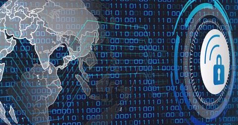 Image of data processing with padlock icon over globe and blue background イラスト素材
