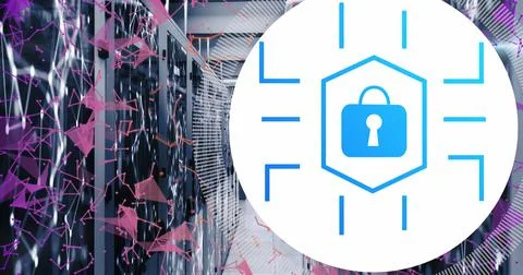 Image of data processing with padlock icon over server room イラスト素材