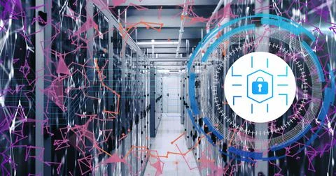 Image of data processing with padlock icon over server room Illustrazione stock