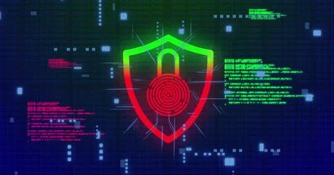 Image of data processing with padlock icon and computer circuit board on black Stockillustratie