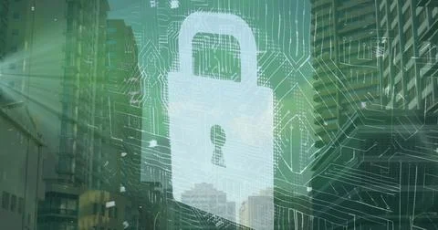 Image of data processing with padlock icon and computer circuit board over Stock Illustration