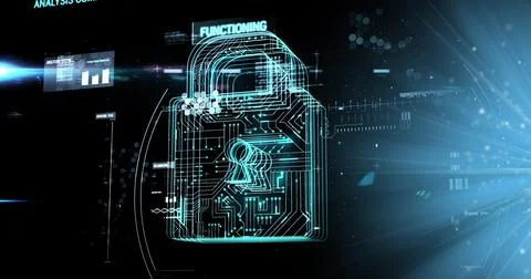 Image of data processing with padlock icon over light spots on black backgrou Foto stock