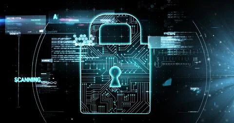 Image of data processing with padlock icon over light spots on black backgrou Foto stock